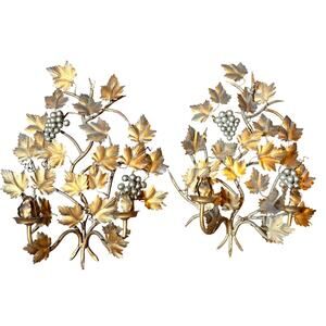 2 Vintage Italian Florentine Gilt Gold Tole Leaf Grape Wall Double Candle Sconce
